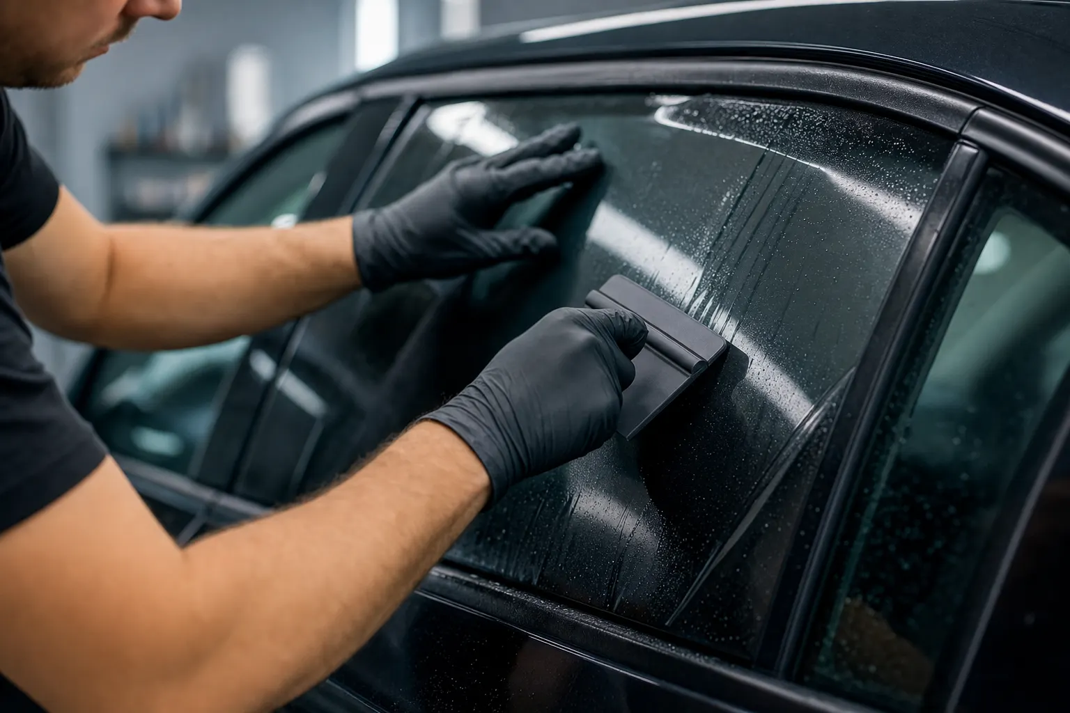 Close-up of a technician installing window tint film with a squeegee