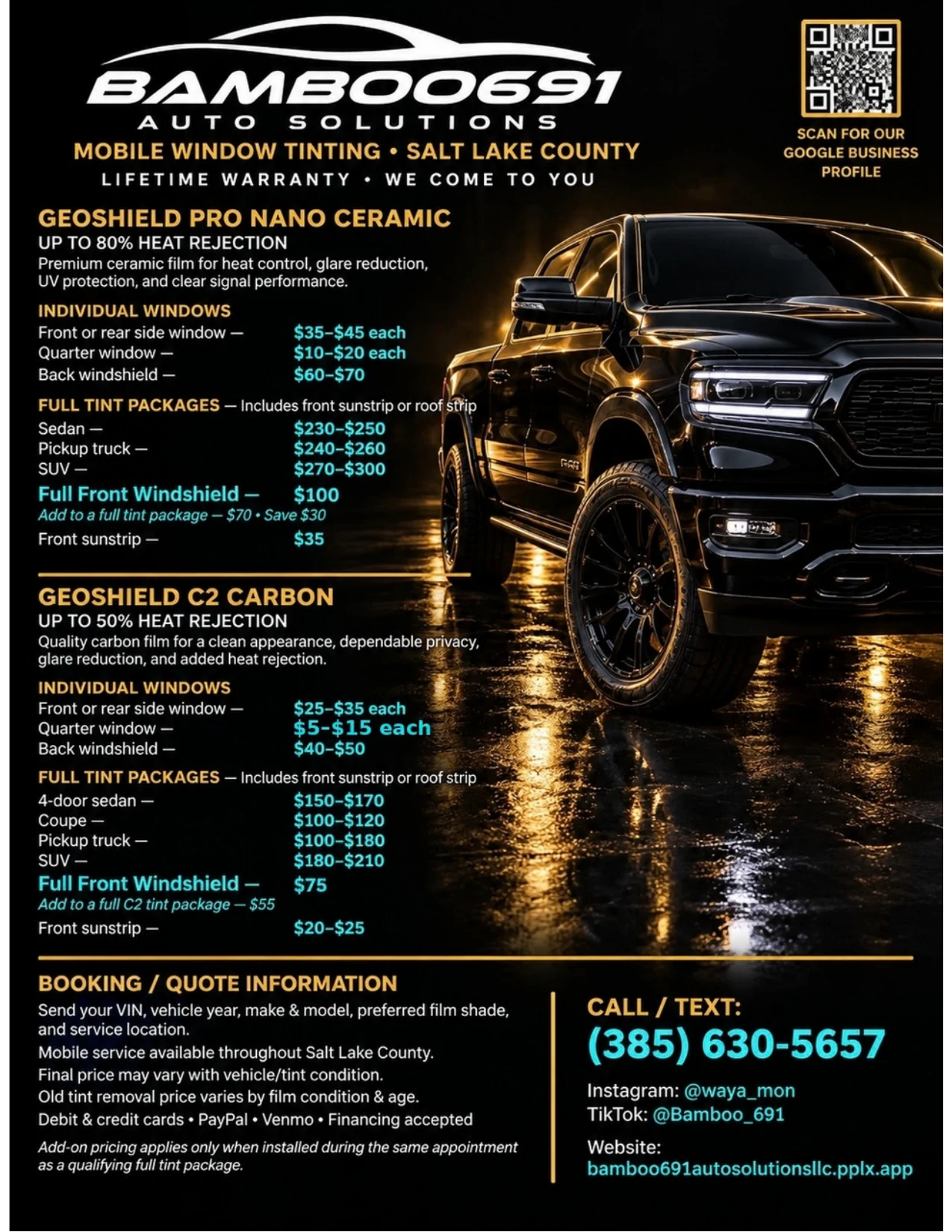 Bamboo691 Auto Solutions mobile window tinting price flyer