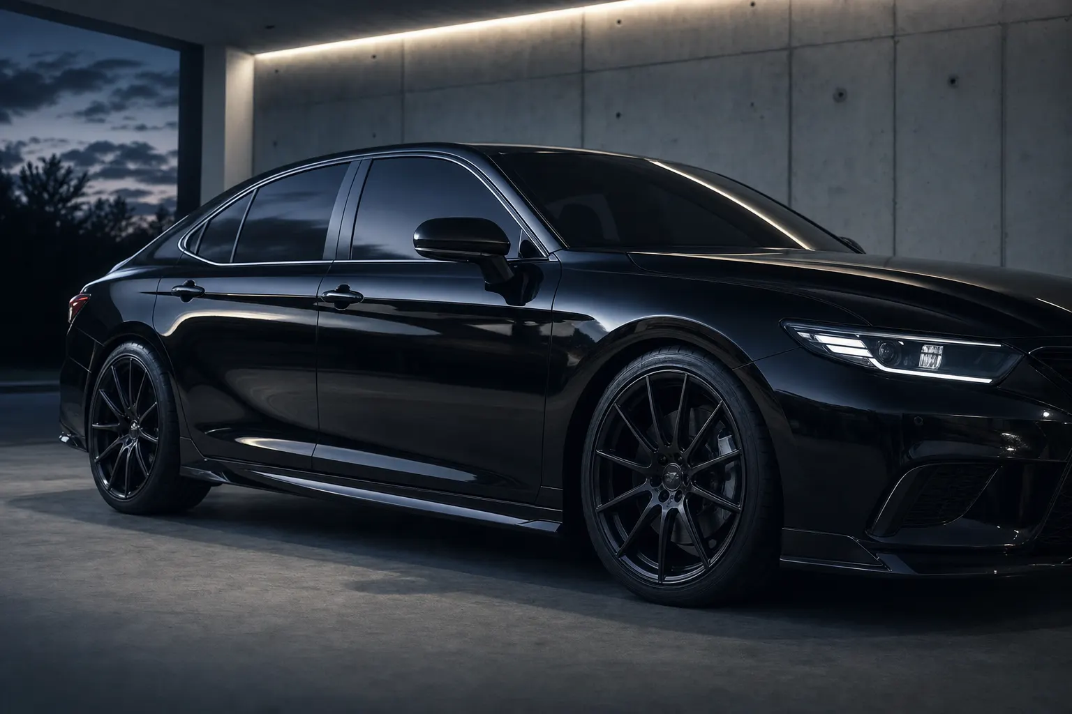 Sedan with professionally tinted windows in a garage